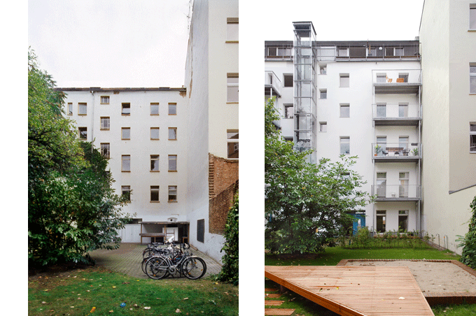 Robert Conrad: »Gartenhaus, Fassade zum zweiten Hof vor und nach der Sanierung, Blick von Osten, Bilddokumentation für die Hausverwaltung«, Bild aus der Serie »Sanierung eines Wohnhauses in  Berlin Friedrichshain, DE«