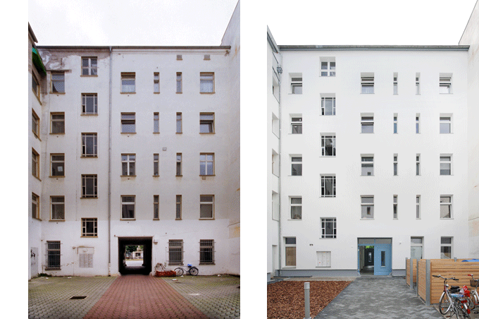 Robert Conrad: »Vorderhaus, Hoffassade vor und nach der Sanierung, Blick von Osten, Bilddokumentation für die Hausverwaltung«, Bild aus der Serie »Sanierung eines Wohnhauses in  Berlin Friedrichshain, DE«