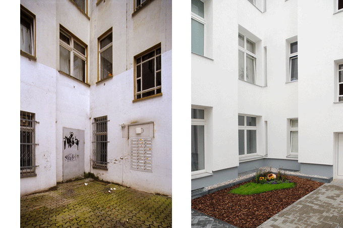 Robert Conrad: »Hofbereiche vor und nach der Sanierung, Bilddokumentation für die Hausverwaltung«, Bild aus der Serie »Sanierung eines Wohnhauses in  Berlin Friedrichshain, DE«